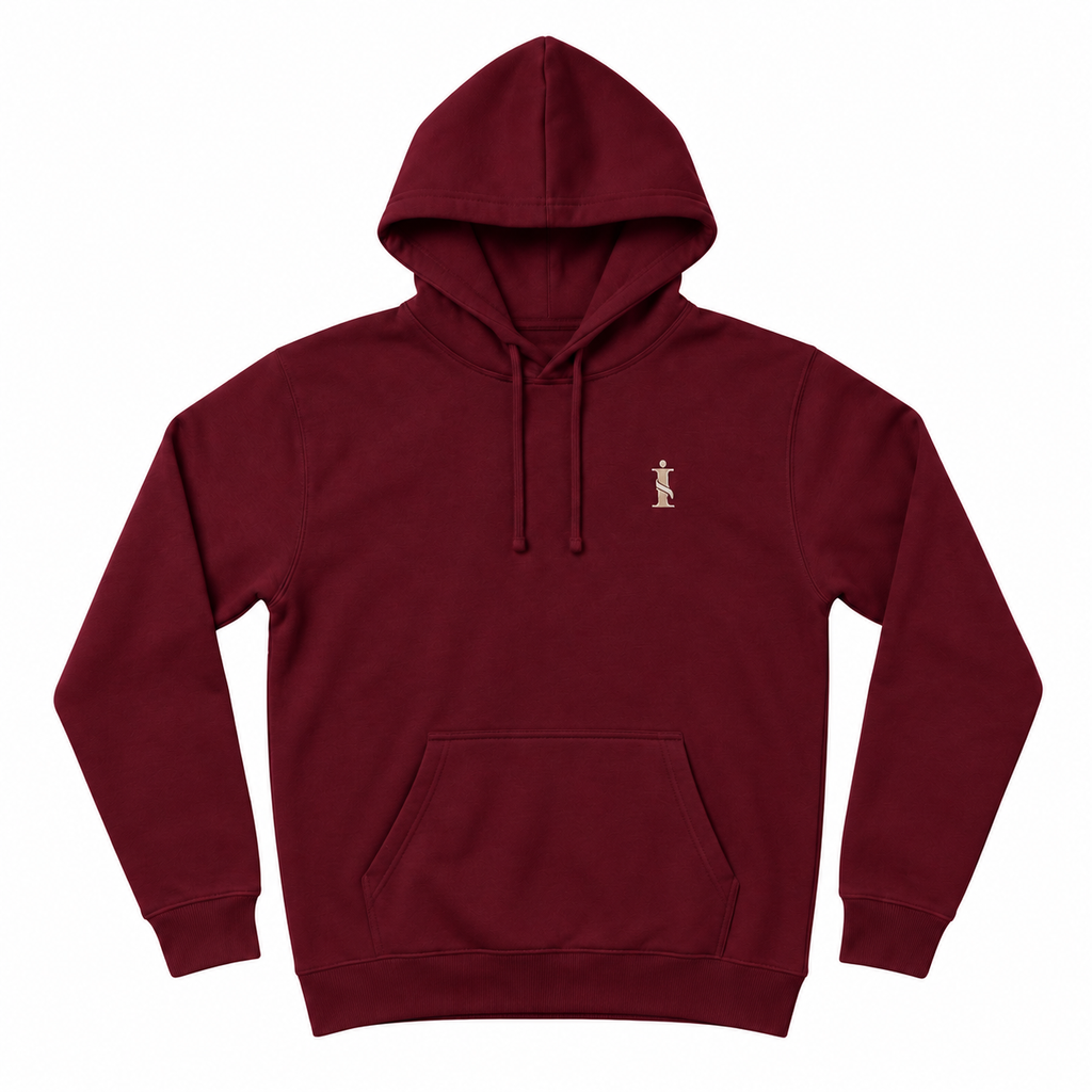 A maroon pullover hoodie with a small gold embroidered figure on the left chest, displayed on a clean white background.