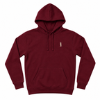 A maroon pullover hoodie with a small gold embroidered figure on the left chest, displayed on a clean white background.