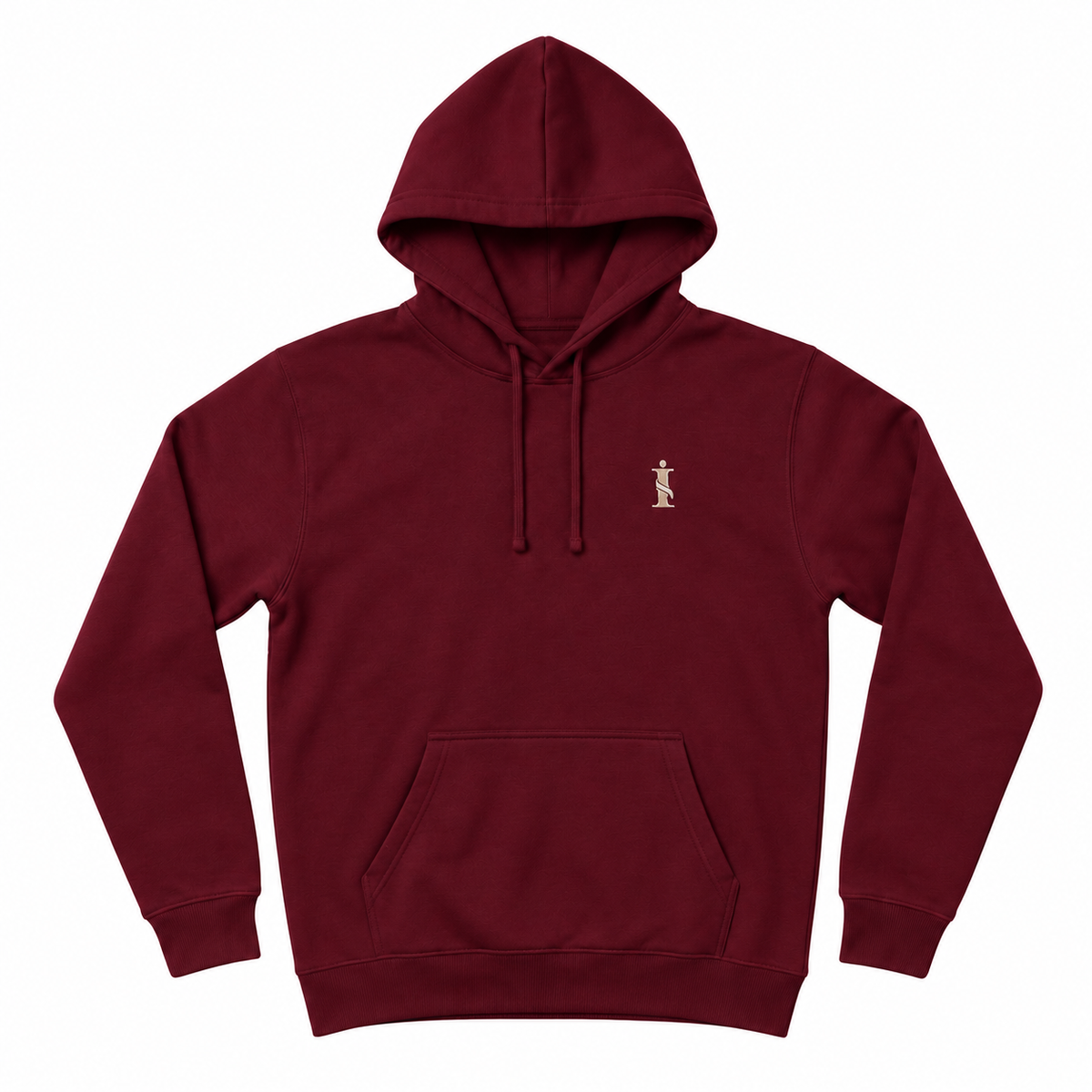 A maroon pullover hoodie with a small gold embroidered figure on the left chest, displayed on a clean white background.