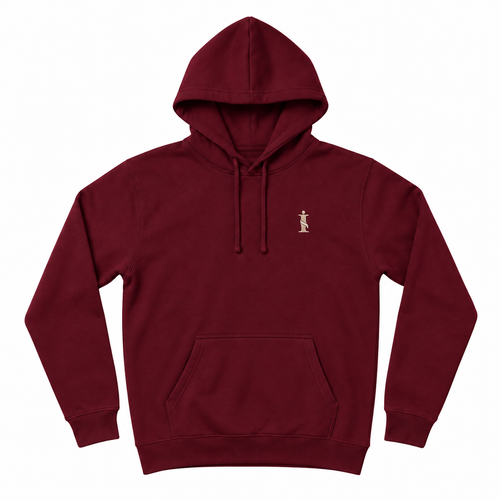 A maroon pullover hoodie with a small gold embroidered figure on the left chest, displayed on a clean white background.